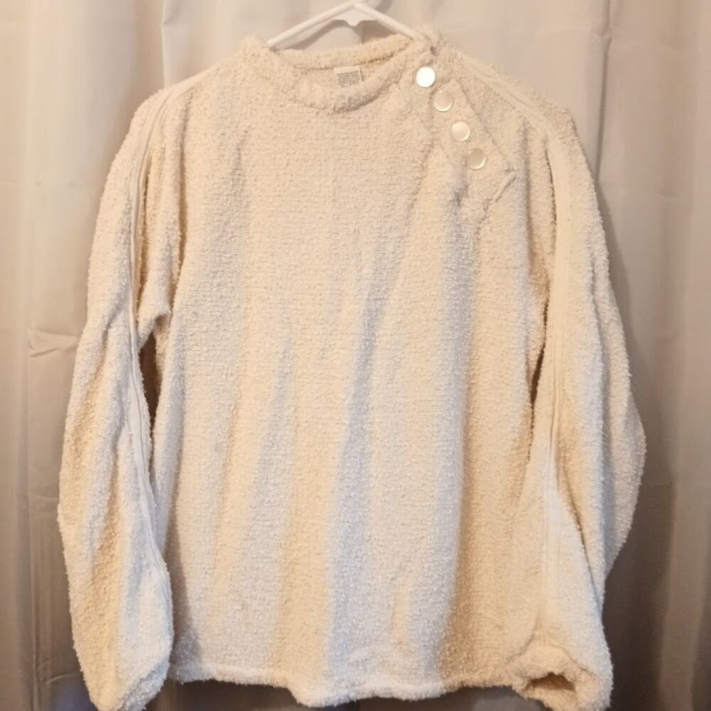 Popcorn knit Stretch Crew neck Sweater Top women M Ivory Long sleeve w/ Buttons